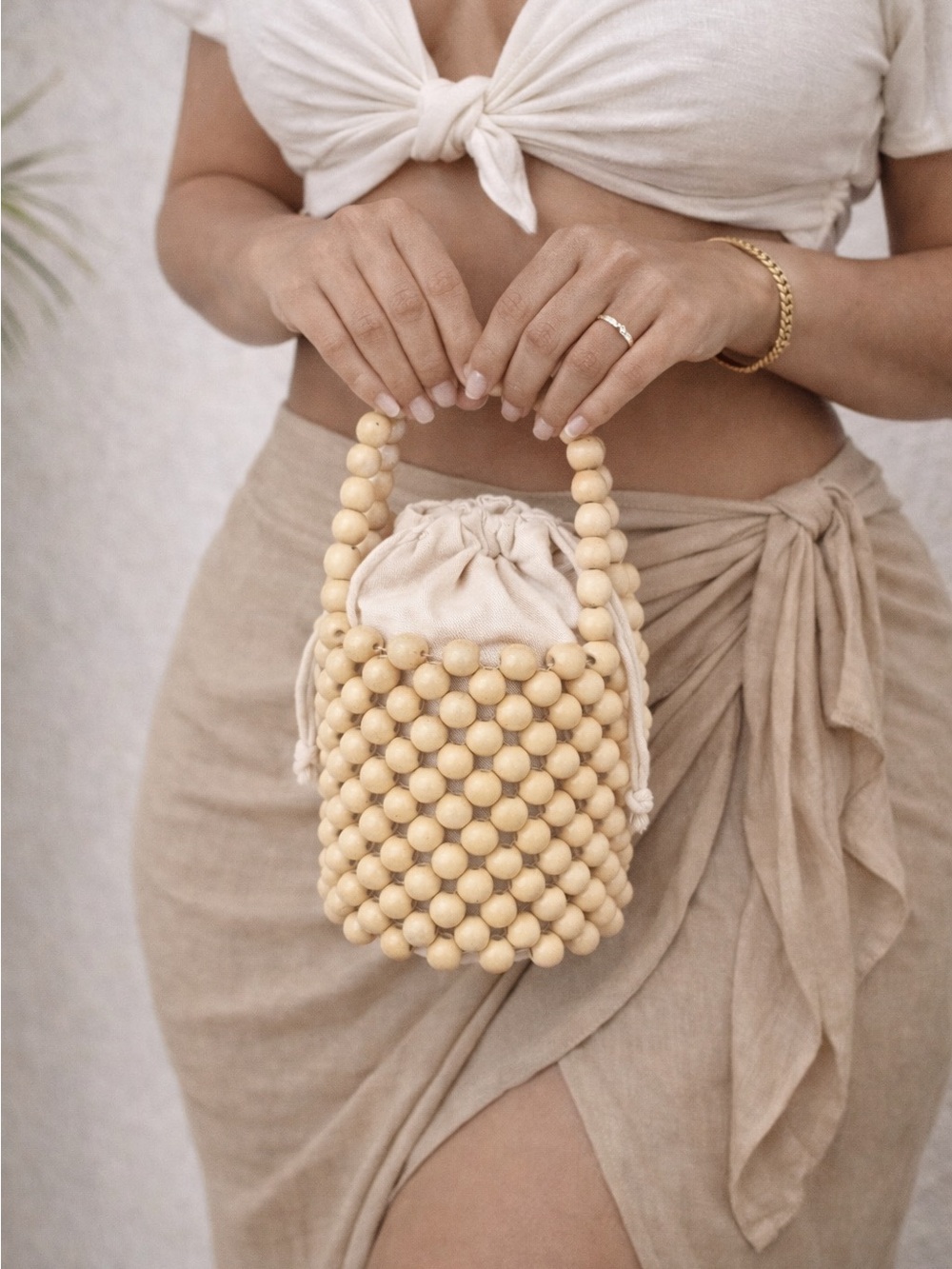 American Eagle Outfitters Beaded Mini Bucket Bag - Cream
